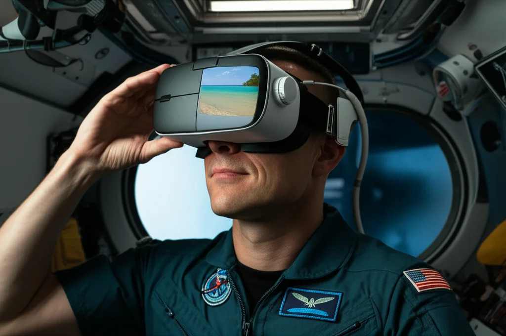 Illustrazione di un astronauta all'interno di un modulo spaziale che guarda attraverso un oblò virtuale creato da un visore VR, mostrando un paesaggio terrestre vivido (es. una spiaggia tropicale); obiettivo zoom 24-70mm per una visione d'insieme, con dettagli sull'interfaccia del visore e l'ambiente circostante della navicella.