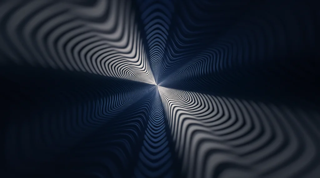 Una rappresentazione digitale di una curva matematica complessa di genere elevato, con simmetrie quaternioniche evidenziate da pattern geometrici sottili sulla sua superficie. Prime lens, 35mm, depth of field, duotone (blu notte e argento), illuminazione drammatica che crea un senso di mistero.