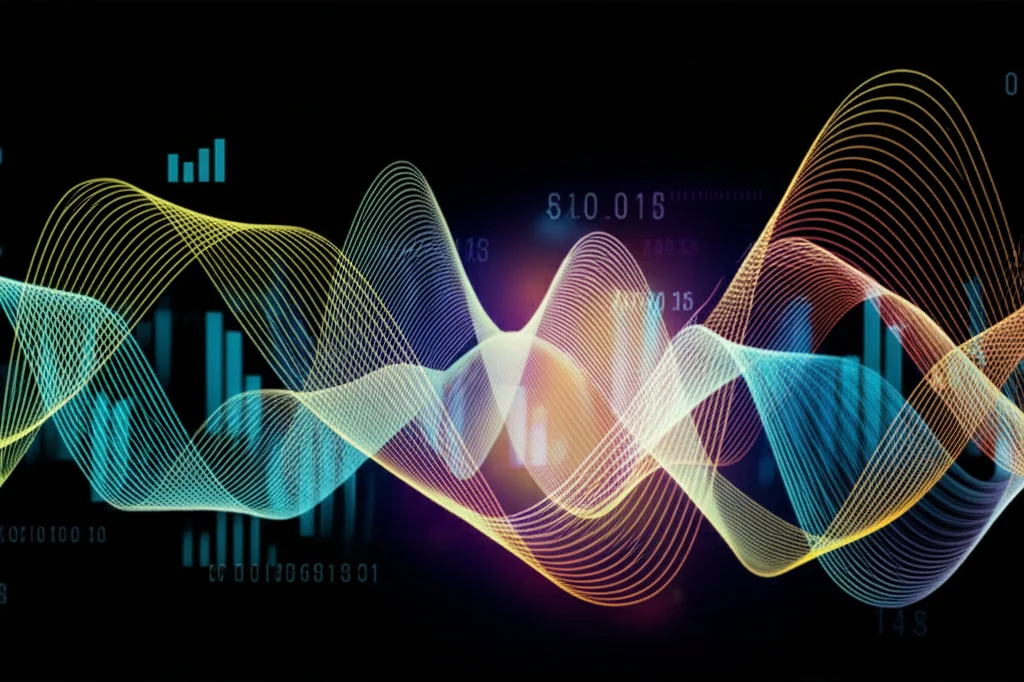 Visualizzazione astratta di onde sonore digitali colorate, che rappresentano l'analisi di dati vocali reali e sintetici, con grafici e numeri sovrapposti in modo elegante. Obiettivo macro, 80mm, illuminazione da studio controllata, alta definizione.