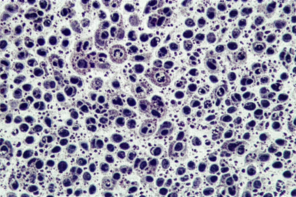 Immagine al microscopio ad alta risoluzione di cellule di glioma, alcune delle quali mostrano segni di apoptosi (frammentazione cellulare). Lente macro 100mm, illuminazione precisa e controllata per evidenziare i dettagli cellulari, sfondo scuro per contrasto.