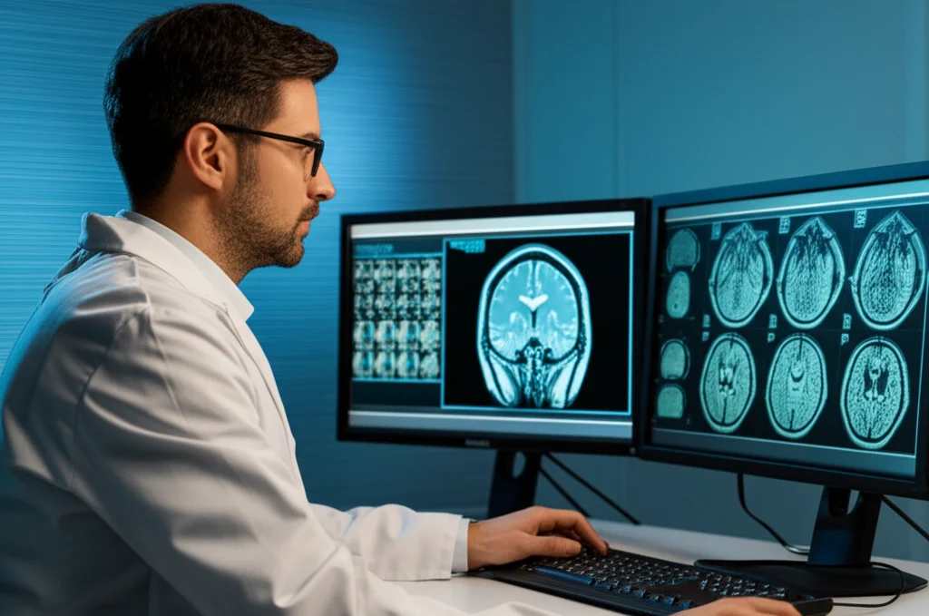 Un ricercatore in camice bianco osserva attentamente una scansione MRI cerebrale su un monitor ad alta definizione in un laboratorio di ricerca avanzato. Accanto, un computer visualizza grafici complessi di dati radiomici. Obiettivo prime 35mm, illuminazione da studio controllata, profondità di campo per mettere a fuoco il monitor e il ricercatore.