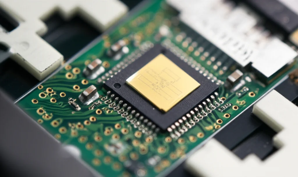 Immagine macro di un chip microrisonatore in nitruro di silicio montato su un circuito, con fibre ottiche che entrano ed escono. Illuminazione controllata per evidenziare i dettagli intricati delle guide d'onda e dei collegamenti, focale 85mm, alta definizione, sfondo leggermente sfocato per concentrarsi sul chip.