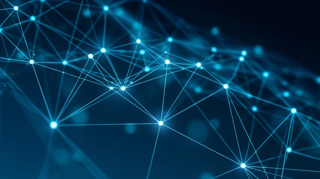 Visualizzazione astratta di una rete neurale complessa che analizza dati genetici su uno sfondo scuro, con nodi luminosi e connessioni che simboleggiano gli algoritmi di machine learning. Obiettivo prime 35mm, profondità di campo, duotone blu e ciano per un look tecnologico e futuristico.