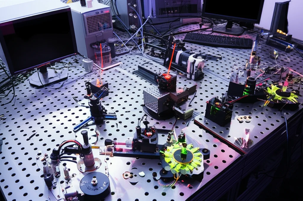 Fotografia di un laboratorio di ottica quantistica, con un tavolo ottico pieno di componenti come laser, fibre ottiche illuminate, specchi, lenti e rilevatori. Teleobiettivo zoom 100-400mm per catturare un dettaglio specifico del setup, come un interferometro, con tracciamento del movimento per stabilizzare l'immagine se ci fosse una leggera vibrazione. Luce soffusa e controllata.