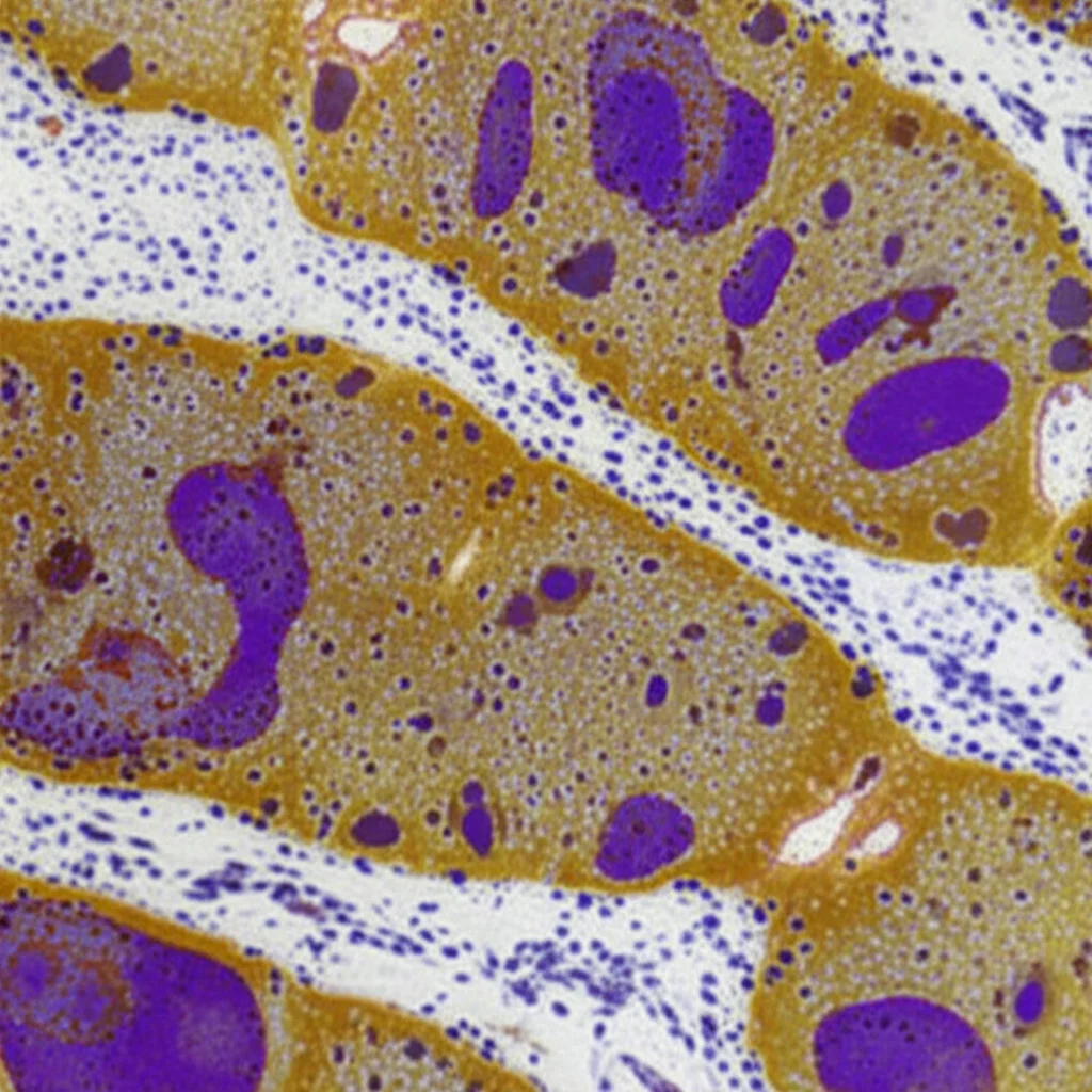 Illustrazione scientifica dettagliata di cellule epatiche (epatociti) che mostrano accumulo di lipidi (goccioline gialle) e segni di stress cellulare, con evidenziate le molecole IGF1, TREM2, MET, MMP9 che interagiscono con i percorsi di morte cellulare e infiammazione. Macro lens 100mm, high detail, precise focusing, controlled lighting con colori vivaci per distinguere le molecole.