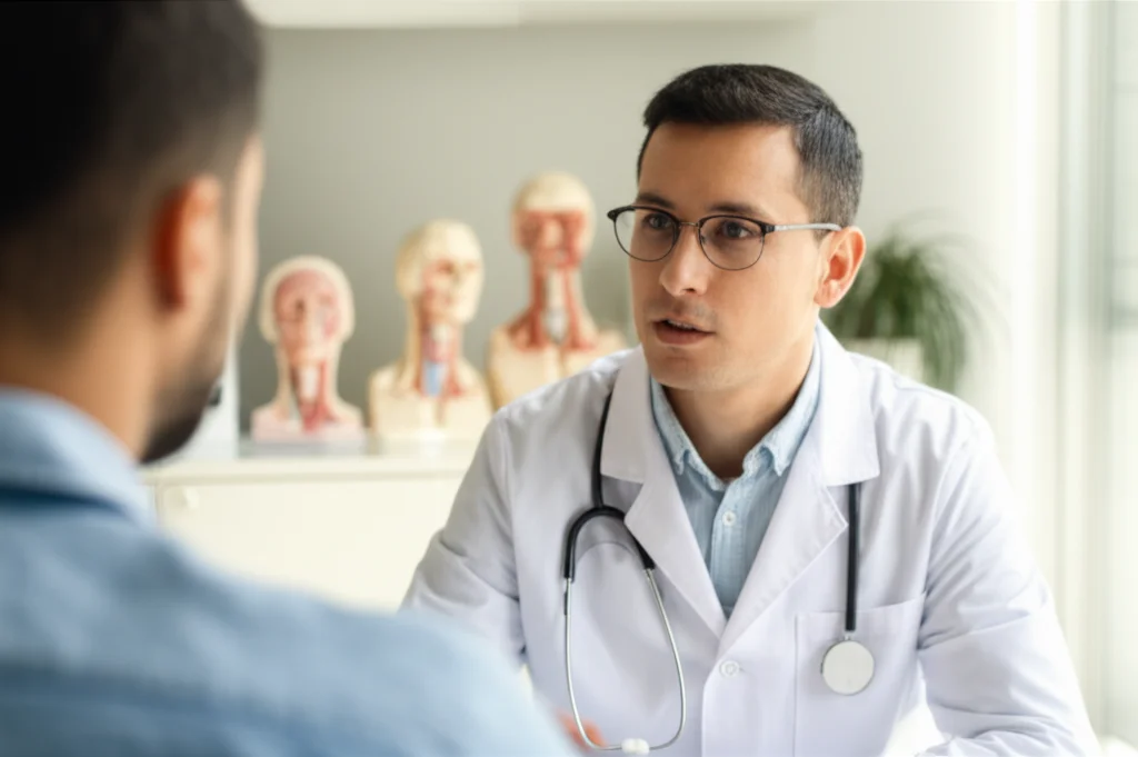 Primo piano di un medico oncologo che discute con un paziente in uno studio medico luminoso, con modelli anatomici della testa e del collo sullo sfondo. Obiettivo prime, 35mm, profondità di campo, toni caldi e rassicuranti.