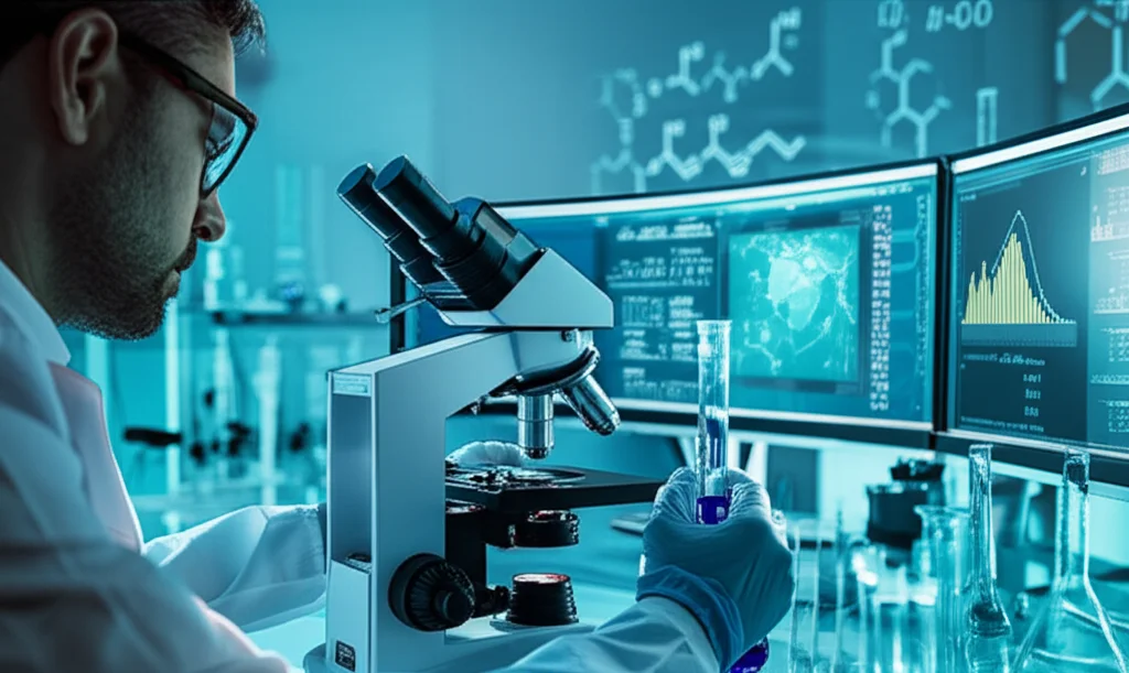 Ricercatore in un laboratorio moderno che osserva campioni al microscopio, con schermi che mostrano grafici di dati e formule chimiche. Macro lens, 60mm, alta definizione, illuminazione controllata.