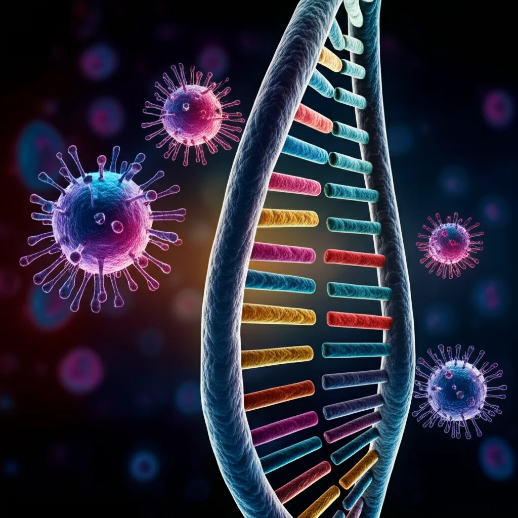 Illustrazione stilizzata del DNA del virus di Epstein-Barr con un grafico che mostra la correlazione tra i livelli di EBV e la risposta al trattamento. Immagine concettuale, colori vivaci su sfondo scuro, alta definizione.