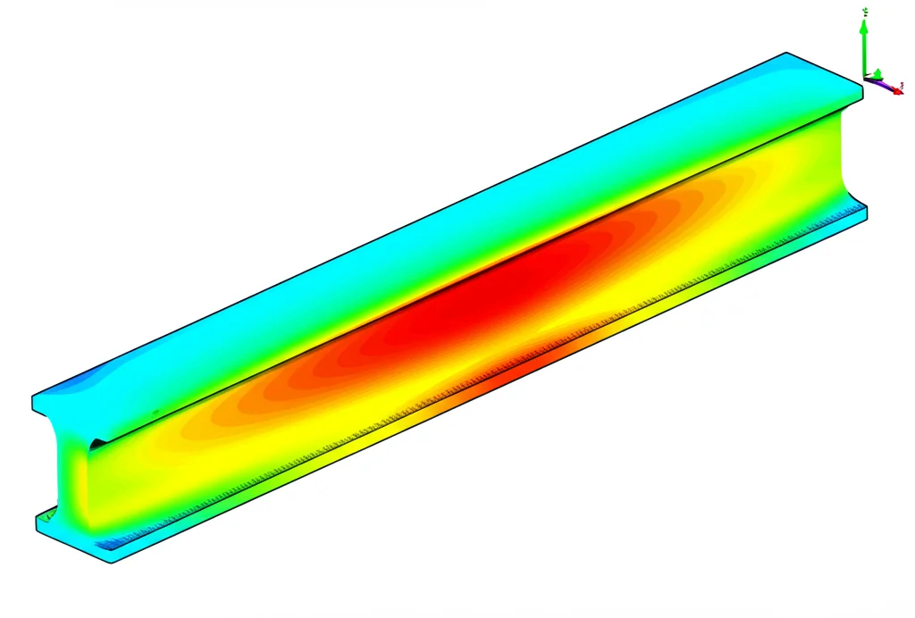 Immagine generata al computer, modello 3D di una trave in ferrocemento analizzata con software agli elementi finiti (come ABAQUS), visualizzazione delle sollecitazioni interne con colori che indicano l'intensità, obiettivo grandangolare 24mm per mostrare l'intera trave e il setup di carico virtuale, con un focus nitido sulle zone di massima sollecitazione.