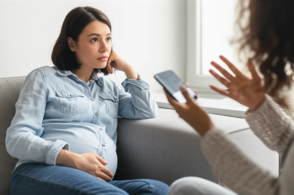 Una donna incinta seduta su un divano, con un'espressione leggermente turbata mentre guarda il suo telefono. Accanto a lei, un familiare le parla gesticolando, suggerendo un commento non richiesto sul suo peso. Luce naturale da una finestra laterale. Portrait photography, zoom lens 24-35mm, depth of field per mettere a fuoco l'interazione.