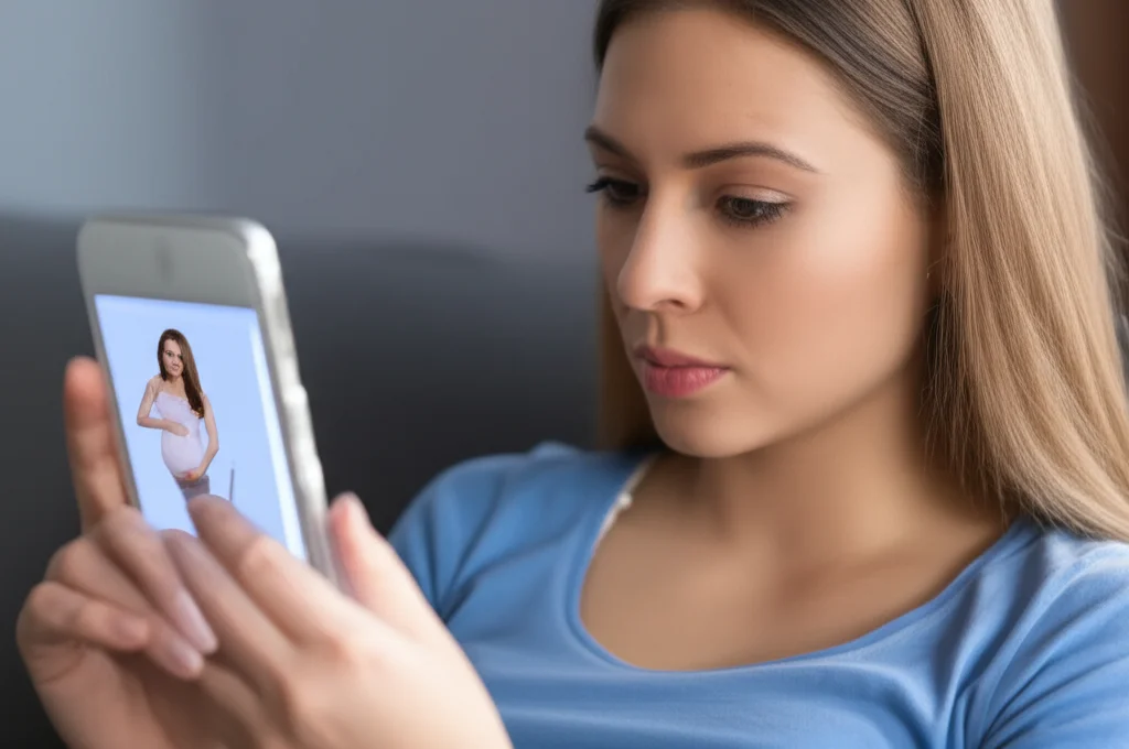Primo piano di una donna incinta che guarda uno schermo di smartphone o tablet, con un'espressione di disappunto o tristezza. Sullo schermo si intravede un'immagine idealizzata di una celebrità incinta o neomamma. Macro lens 60mm, high detail sul volto della donna e sullo schermo, controlled lighting per enfatizzare le emozioni.