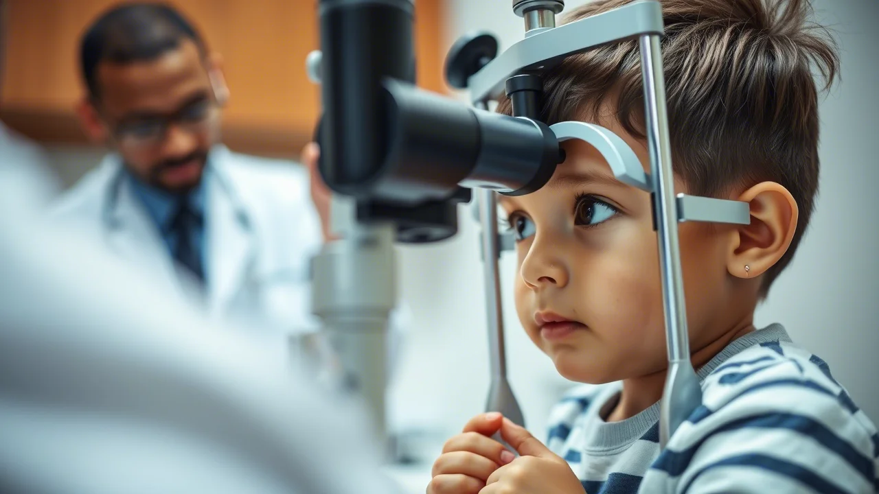 Un bambino piccolo, di circa 5 anni, che guarda con curiosità attraverso un forottero durante un esame della vista in uno studio oculistico. L'oculista, fuori fuoco sullo sfondo, regola lo strumento. Prime lens, 35mm, depth of field, illuminazione soffusa da studio.