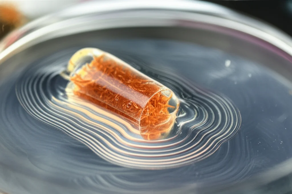 Primo piano di un robot acquatico commestibile, realizzato con cibo per pesci liofilizzato e gelatina, che rilascia una scia di surfattante (glicole propilenico, visualizzato come una leggera distorsione della superficie dell'acqua) dalla sua parte posteriore. Macro lens, 100mm, high detail, precise focusing, controlled lighting, l'acqua è limpida e riflette la luce.