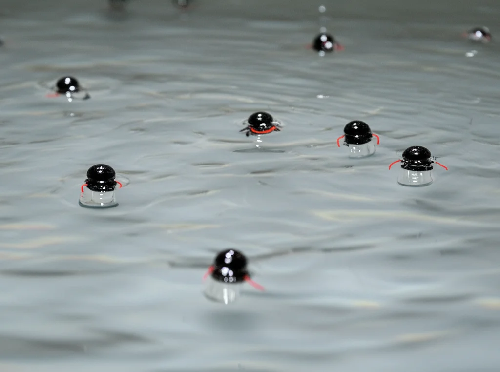 Diversi piccoli robot acquatici commestibili, ognuno lungo circa 4-5 cm, che si muovono in traiettorie curvilinee su una superficie d'acqua calma in una vasca da laboratorio. Telephoto zoom, 150mm, fast shutter speed, action or movement tracking, l'illuminazione evidenzia le scie lasciate dai robot.