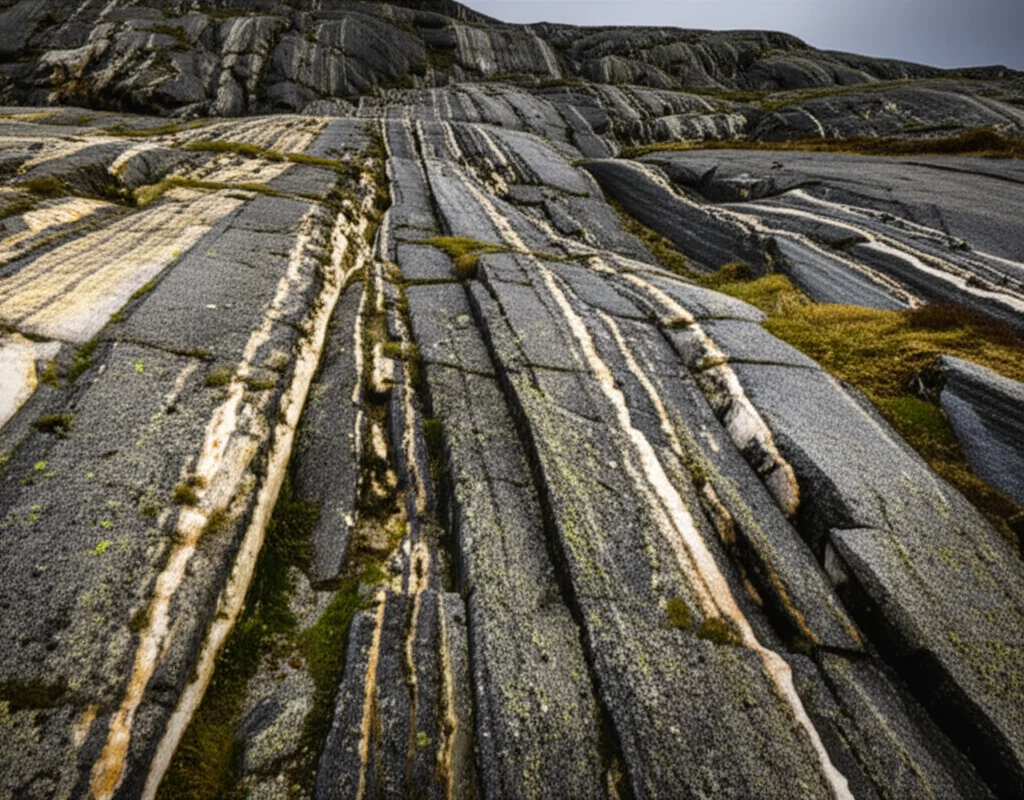 Paesaggio grandangolare, 15 mm, focus acuto, che mostra un robusto terreno scandinavo con substrato roccioso esposto, che accenna alle antiche formazioni geologiche, possibilmente con dighe di pegmatite visibili che tagliano le rocce di ospiti più scure sotto un cielo drammatico.