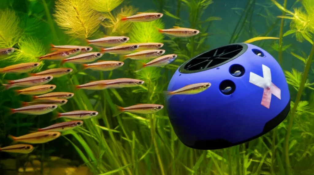 Un banco di pesciolini in un acquario che osserva incuriosito un robot acquatico commestibile in movimento. Wide-angle, 20mm, sharp focus, l'ambiente dell'acquario è naturale con piante acquatiche, l'illuminazione è soffusa ma chiara.