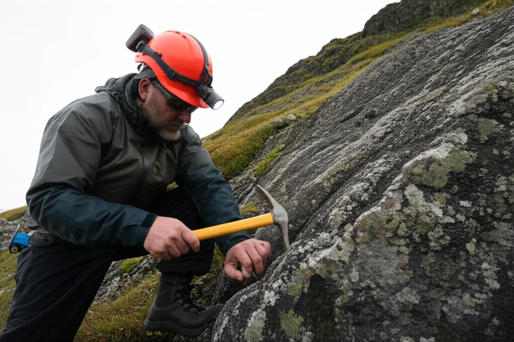 Teleotdo Zoom, 200 mm, Tracking Action, un geologo sul campo che martella uno affioramento di roccia in un paesaggio svedese, con attrezzature di sicurezza, raccolta campioni, trasmettendo lo sforzo dell'esplorazione minerale.