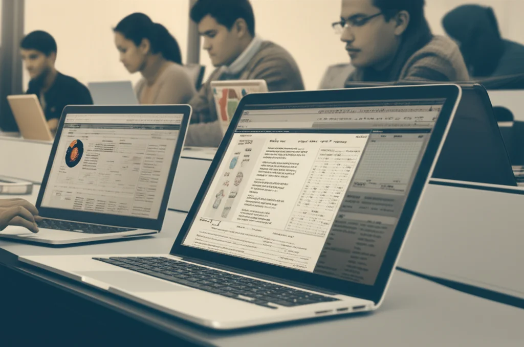 Un gruppo diversificato di studenti di medicina palestinesi in un'aula universitaria moderna, intenti a utilizzare laptop e tablet. Sui loro schermi sono visibili interfacce di intelligenza artificiale, grafici e testi medici. L'ambiente è collaborativo e illuminato da luce naturale. Obiettivo da 35mm, profondità di campo per mettere a fuoco gli studenti in primo piano e sfocare leggermente lo sfondo, stile duotone seppia e blu.