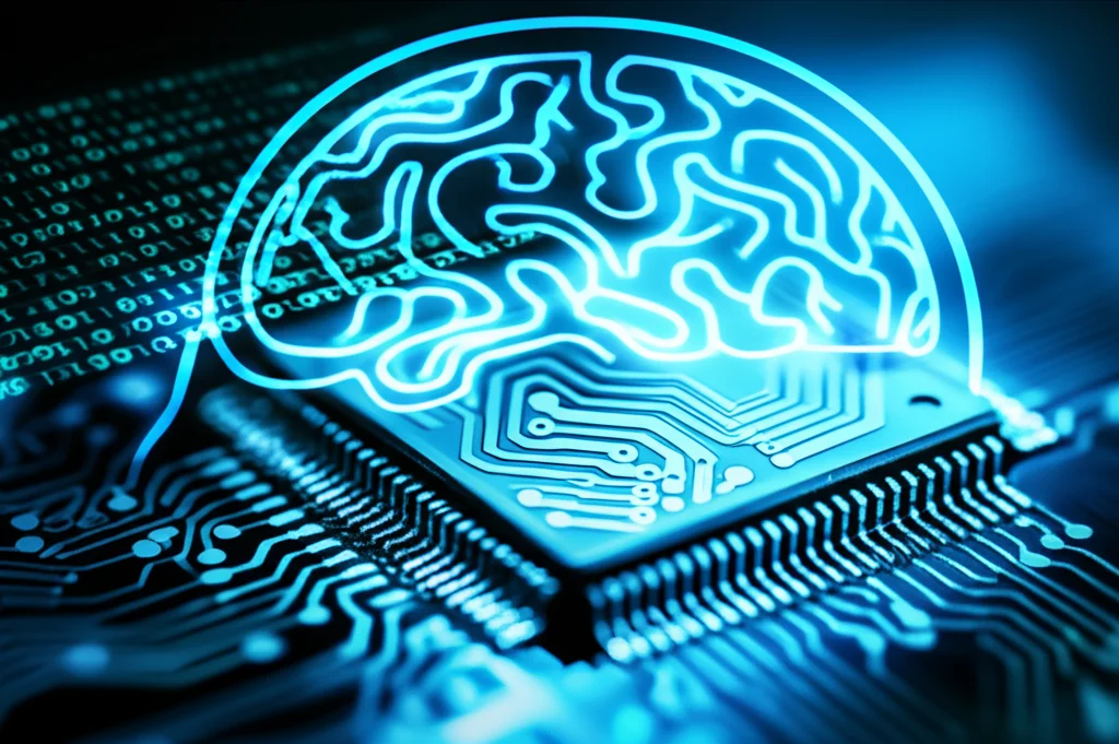 Un'immagine macro di un microchip illuminato da una luce bluastra, con linee di codice binarie sovrapposte digitalmente. Sullo sfondo, sfocata, un'immagine stilizzata del cervello umano. Obiettivo macro da 100mm, alta definizione, illuminazione controllata per enfatizzare i dettagli del chip e il contrasto con lo sfondo.