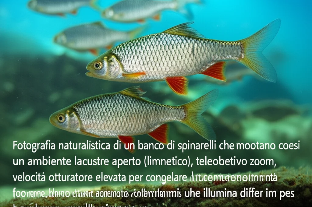 Fotografia naturalistica di un banco di spinarelli che nuotano coesi in un ambiente lacustre aperto (limnetico), teleobiettivo zoom 200mm, velocità otturatore elevata per congelare il movimento, tracciamento del movimento, luce naturale diffusa che illumina i pesci.