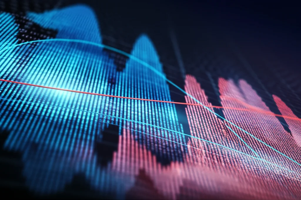 Illustrazione concettuale di forme d'onda sismiche digitali blu che vengono analizzate e confrontate con forme d'onda template rosse su uno sfondo scuro che suggerisce codice informatico. L'immagine dovrebbe avere un aspetto high-tech, con linee luminose che rappresentano il flusso di dati. Obiettivo macro 60mm, alta definizione, illuminazione controllata per evidenziare i dettagli delle onde.