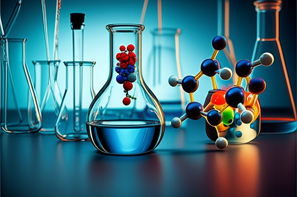 Una fotografia macro di un setup di laboratorio chimico con vetreria scintillante, focalizzata su un catalizzatore metallico colorato (rodio) e una molecola di carborano stilizzata in primo piano. Illuminazione da studio controllata per evidenziare i dettagli, obiettivo macro 100mm, alta definizione.