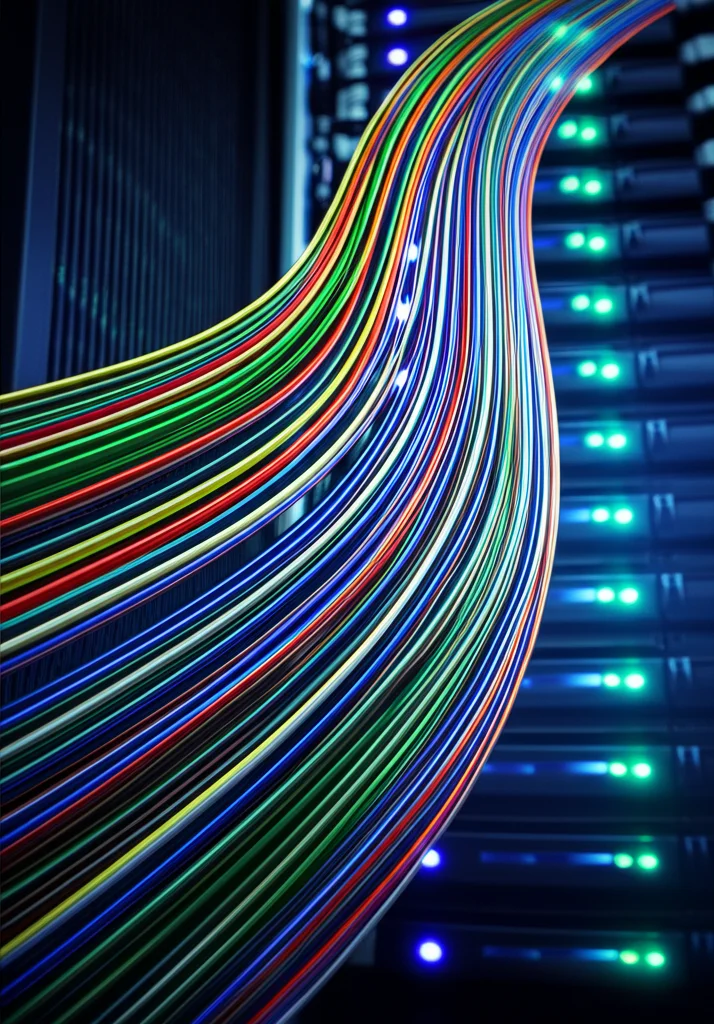 Grafico astratto di benchmark che mostra più linee colorate (simboleggianti thread) che convergono verso tempi di esecuzione più bassi all'aumentare del numero di thread. Lo sfondo è un server rack stilizzato con LED luminosi. Teleobiettivo zoom 100-400mm, fast shutter speed per congelare le linee, ma con un leggero motion blur sullo sfondo per dare dinamicità.