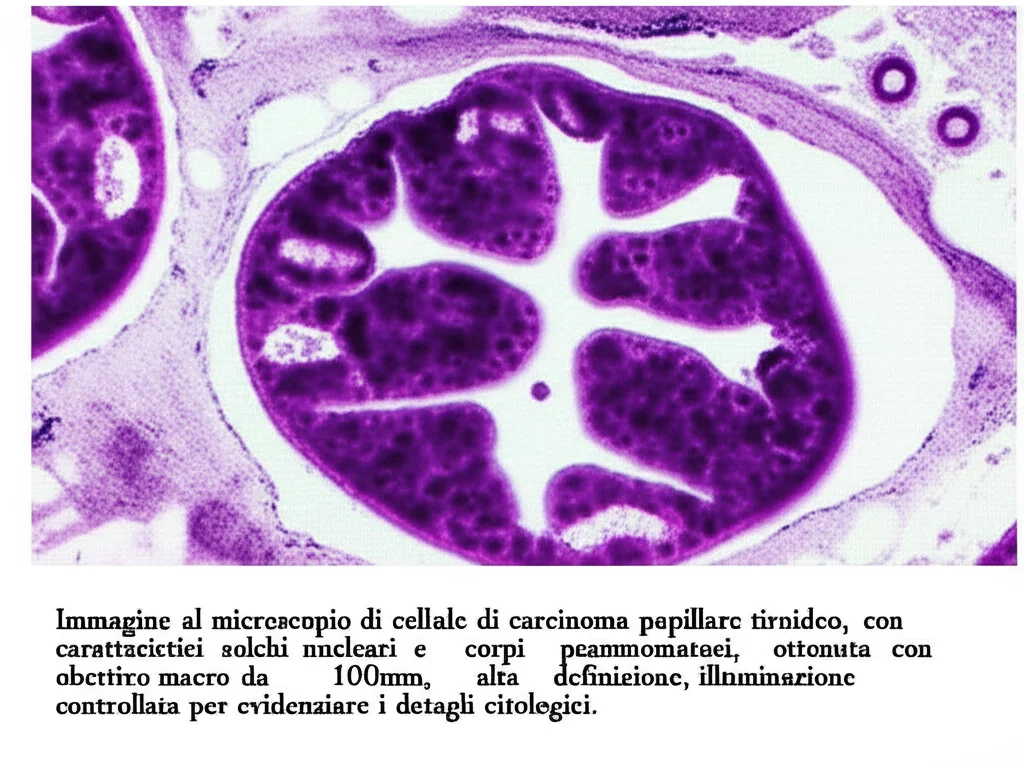Immagine al microscopio di cellule di carcinoma papillare tiroideo, con caratteristici solchi nucleari e corpi psammomatosi, ottenuta con obiettivo macro da 100mm, alta definizione, illuminazione controllata per evidenziare i dettagli citologici.