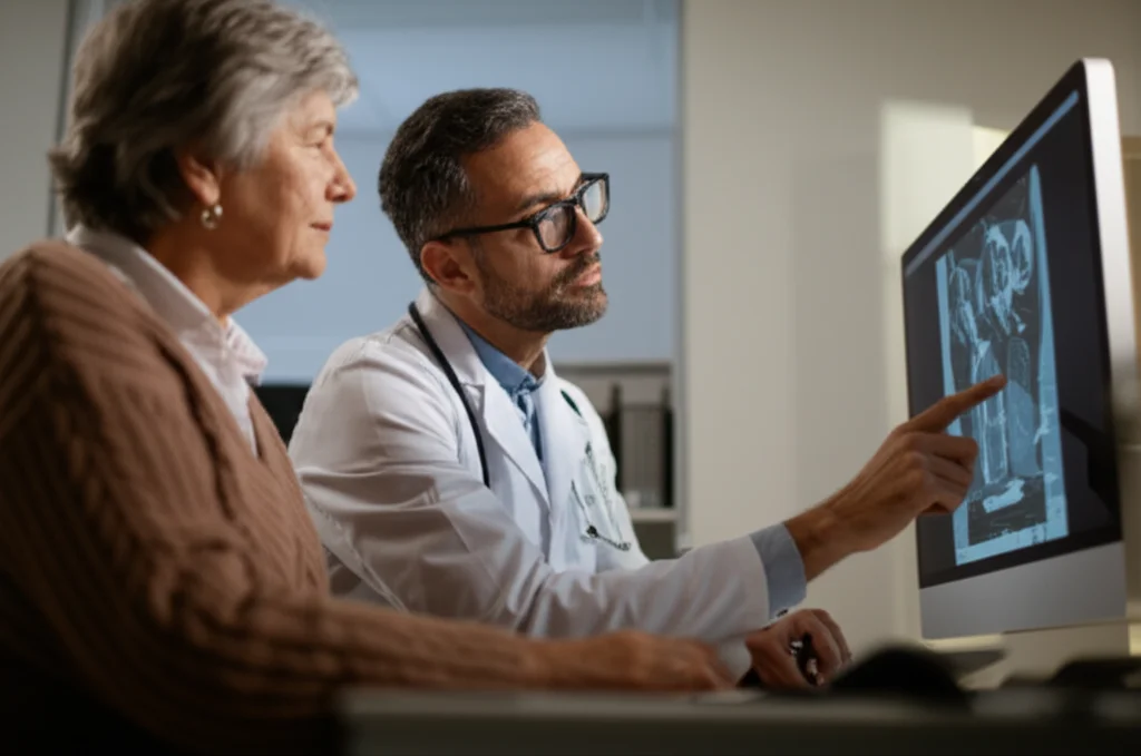 Medico oncologo che mostra e spiega un'immagine PET-CT a una paziente anziana in uno studio medico, utilizzando un obiettivo da 35mm per un ritratto con profondità di campo, atmosfera seria ma rassicurante.
