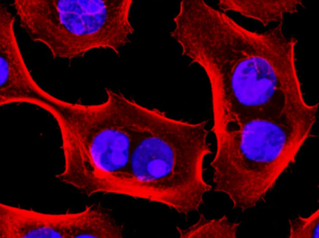 Immagine macro di cellule di cancro al colon che mostrano un'elevata espressione della proteina COX-2, visualizzata con immunofluorescenza, con dettagli precisi e illuminazione controllata per evidenziare le strutture cellulari. Obiettivo macro 100mm, alta definizione, sfondo scuro per contrasto.
