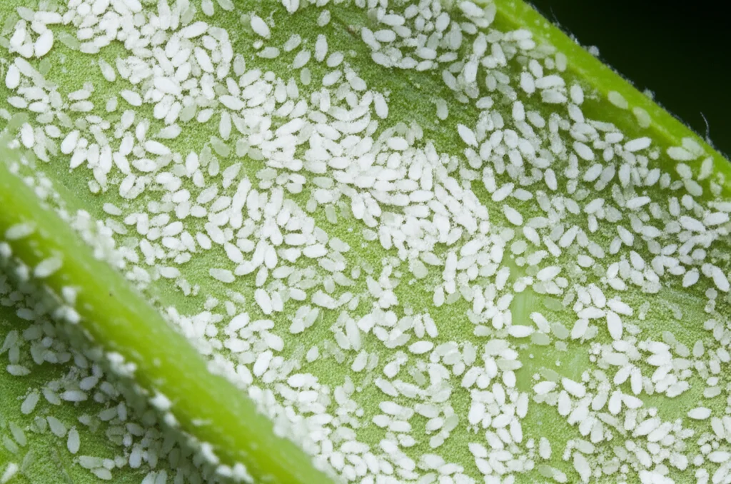 Fotografia macro di un gruppo di mosche bianche Trialeurodes vaporariorum su una foglia di pomodoro in serra, con evidenti goccioline di melata. Obiettivo macro 100mm, alta definizione, messa a fuoco precisa sui dettagli degli insetti e della foglia, illuminazione controllata per evidenziare le texture.