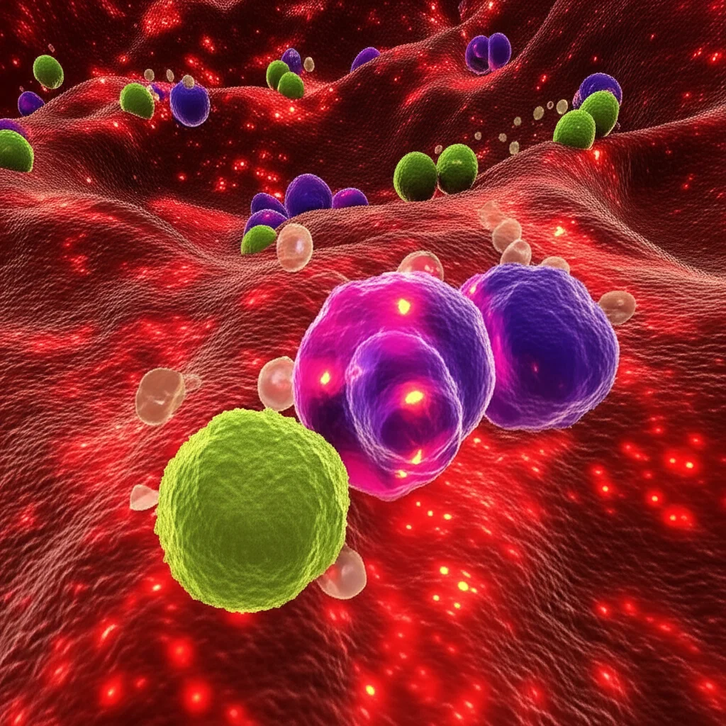 Visualizzazione 3D di farmaci chemioterapici (sfere colorate) che interagiscono con la superficie di cellule tumorali del colon (strutture organiche complesse). L'immagine evidenzia l'aumento dell'espressione di COX-2 (punti luminosi rossi) sulla membrana cellulare. Stile fotorealistico, obiettivo prime 35mm con profondità di campo per mettere a fuoco l'interazione, illuminazione drammatica.