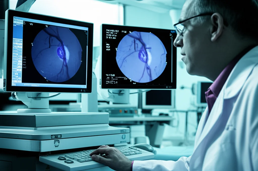 Un medico, uomo di mezza età con occhiali, osserva con espressione concentrata due monitor in una sala di controllo angiografica. Un monitor mostra un'immagine di coronarografia in corso, l'altro dati vitali del paziente. L'ambiente è high-tech, con luci soffuse. Obiettivo prime, 35mm, per un ritratto ambientale, con profondità di campo che sfoca leggermente lo sfondo per concentrarsi sul medico e sui monitor. Film noir style per un'atmosfera seria e investigativa.