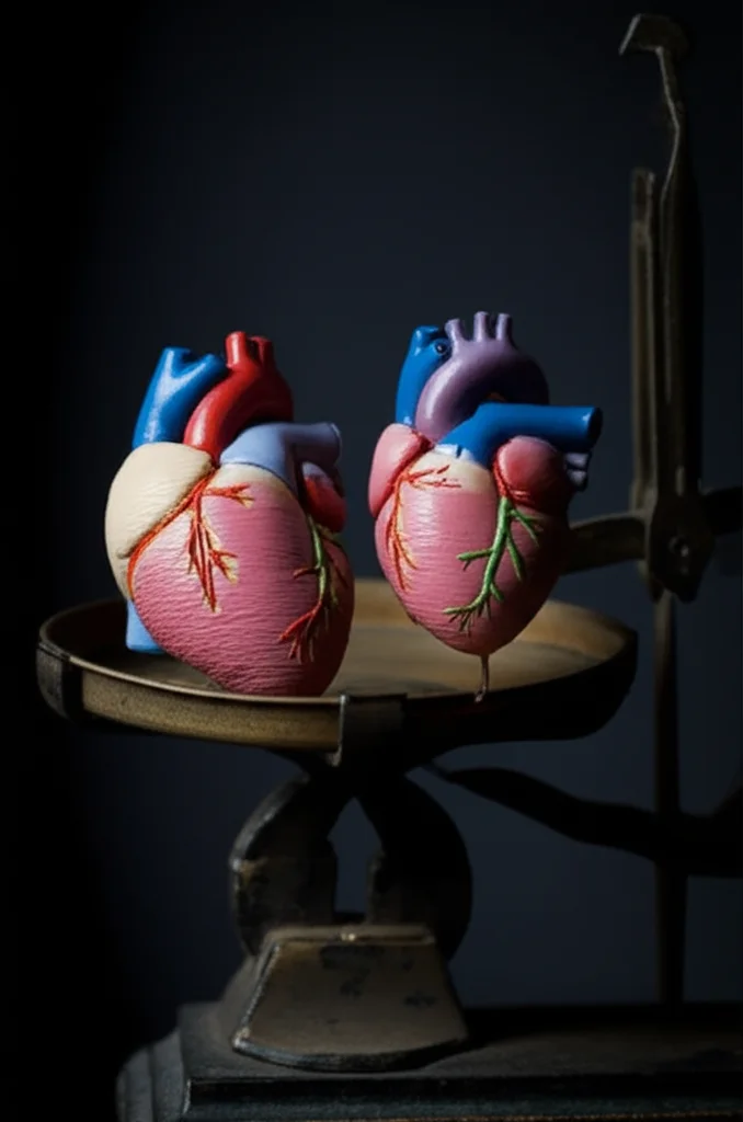 Fotografia macro, 85mm, di due cuori anatomici in miniatura, uno maschile e uno femminile, posti su una bilancia da laboratorio antica. Il piatto della bilancia con il cuore femminile è leggermente più in basso, a simboleggiare lo squilibrio. Illuminazione controllata e precisa per evidenziare i dettagli dei cuori e della bilancia, sfondo scuro per un effetto drammatico.