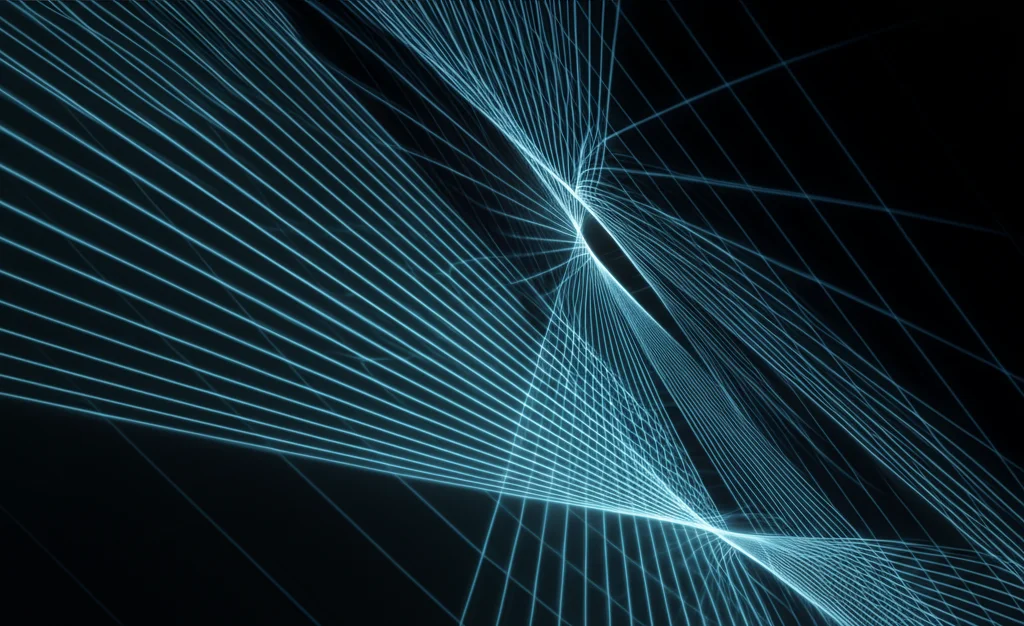 Visualizzazione astratta di grafici di funzioni matematiche complesse, come quelle degli spazi di Müntz, su uno sfondo scuro. Linee luminose e interconnesse rappresentano le traiettorie e le basi funzionali. Obiettivo macro da 90mm, alta definizione, illuminazione laterale controllata per evidenziare le texture.