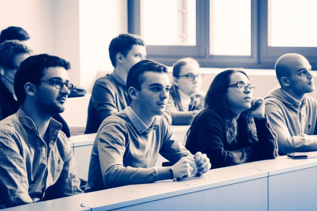 Un gruppo eterogeneo di studenti di medicina, visibilmente pensierosi, riuniti in un'aula universitaria moderna ma accogliente. Uno studente in primo piano guarda fuori dalla finestra con espressione riflessiva. Luce naturale soffusa. Prime lens, 35mm, Depth of field, duotone seppia e blu.