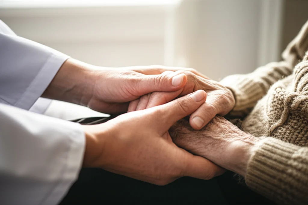 Primo piano sulle mani di un medico che stringono con delicatezza quelle di un paziente anziano in un letto d'ospedale. L'ambiente è sereno, con una luce calda che filtra da una finestra. Macro lens, 85mm, High detail, precise focusing, controlled lighting, atmosfera di empatia e supporto.