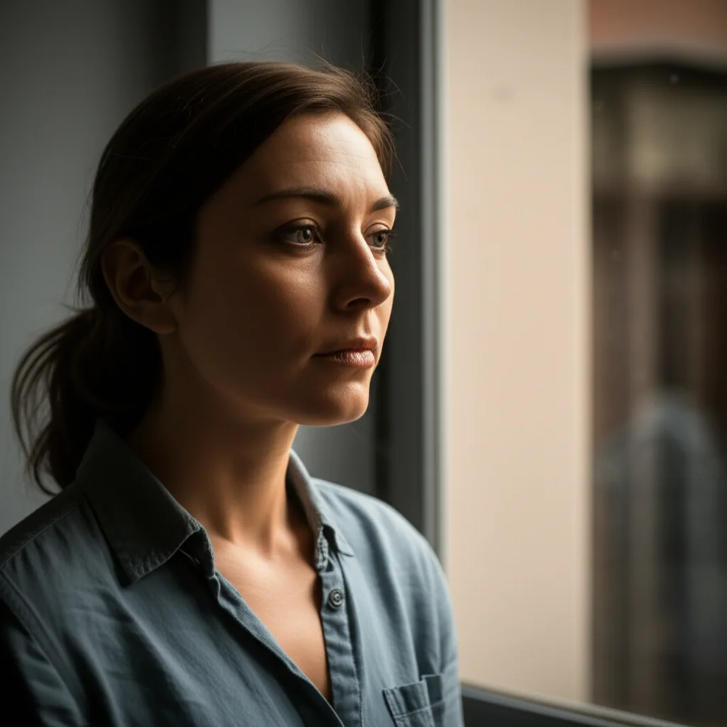 Un ritratto fotografico di una donna dall'espressione pensierosa e resiliente, che guarda fuori da una finestra in un ambiente sicuro e accogliente di un centro di supporto. Luce naturale soffusa, obiettivo da 35mm, profondità di campo per mettere a fuoco il suo volto e l'ambiente circostante, colori caldi e rassicuranti.