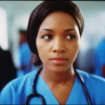 A 35mm portrait of a thoughtful young nurse in a South African hospital setting, with a prime lens and shallow depth of field, conveying depth and emotion.