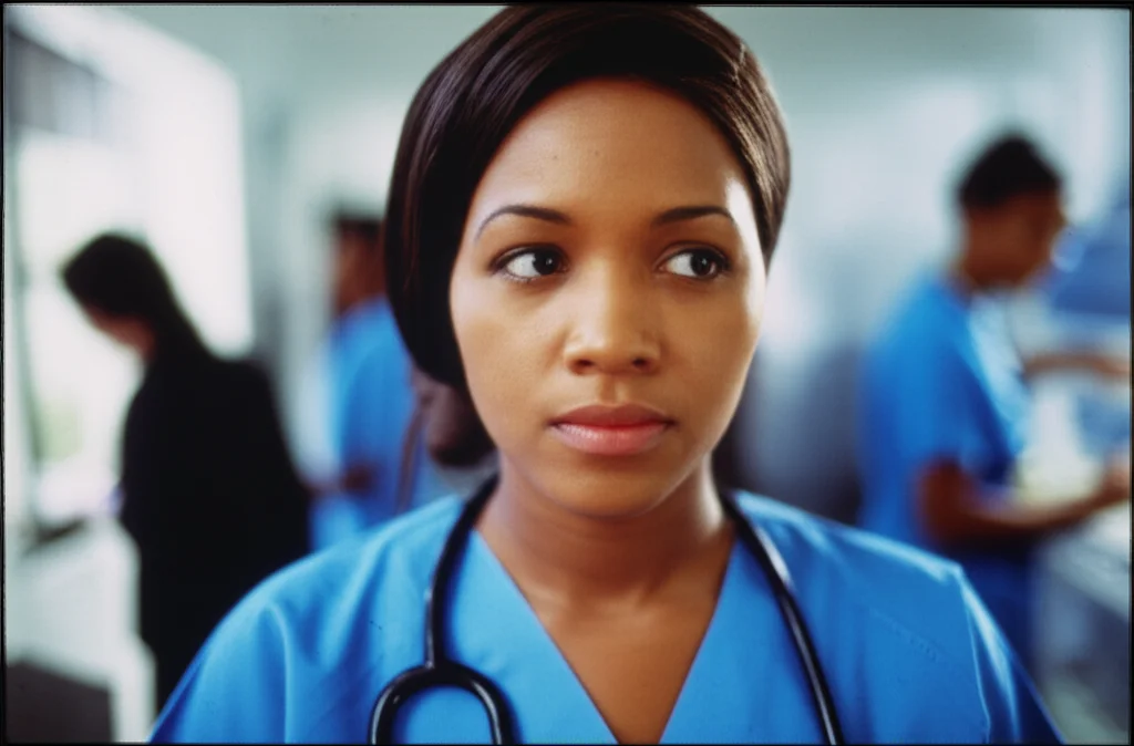 A 35mm portrait of a thoughtful young nurse in a South African hospital setting, with a prime lens and shallow depth of field, conveying depth and emotion.