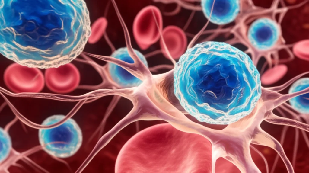 A photorealistic image depicting a stylized representation of neutrophils and albumin molecules intertwined, with a subtle background suggesting blood flow. Macro lens, 80mm, high detail, precise focusing, with controlled lighting to highlight the textures of the biological elements, symbolizing the NPAR ratio.