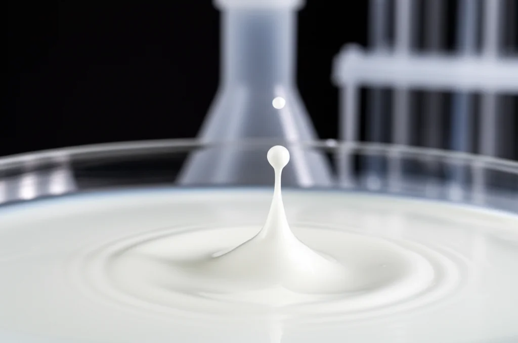 Fotografia macro ad alta definizione di una goccia di latte che cade in un contenitore di vetro da laboratorio, illuminazione controllata, focus preciso sulla texture del latte, con sfondo sfocato di attrezzatura scientifica, obiettivo macro 100mm.