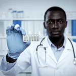 Fotografia realistica di un operatore sanitario africano che tiene in mano una confezione di farmaci antiretrovirali a base di Dolutegravir, con sullo sfondo un ambiente clinico semplice ma ordinato in Liberia. Prime lens, 35mm, depth of field, luce naturale che illumina il soggetto, duotone blu e grigio per un'atmosfera seria ma speranzosa.
