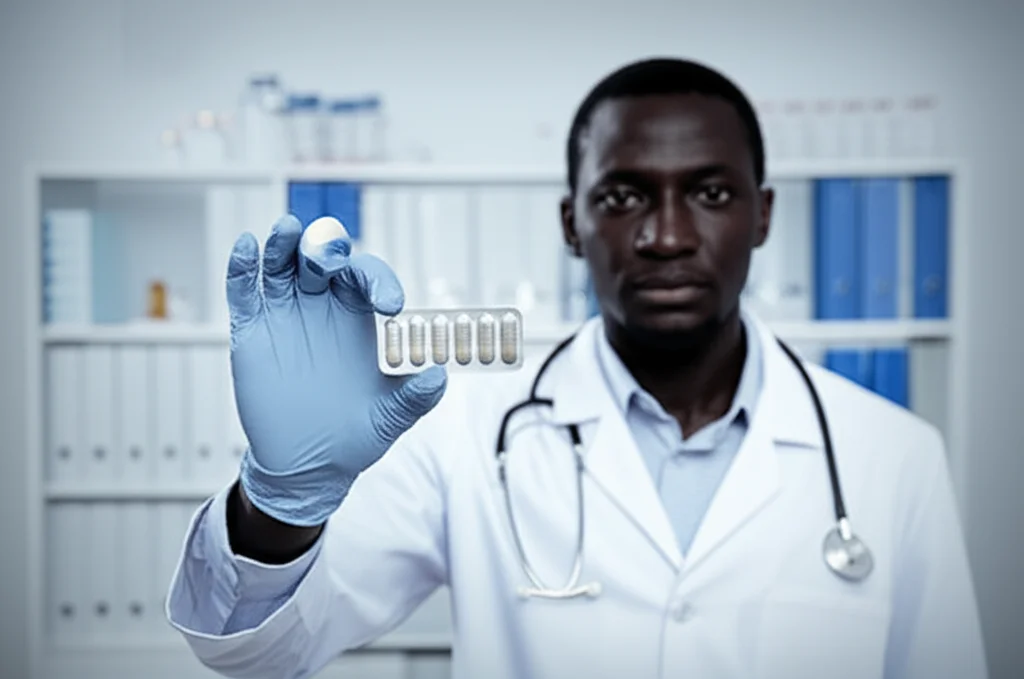 Fotografia realistica di un operatore sanitario africano che tiene in mano una confezione di farmaci antiretrovirali a base di Dolutegravir, con sullo sfondo un ambiente clinico semplice ma ordinato in Liberia. Prime lens, 35mm, depth of field, luce naturale che illumina il soggetto, duotone blu e grigio per un'atmosfera seria ma speranzosa.