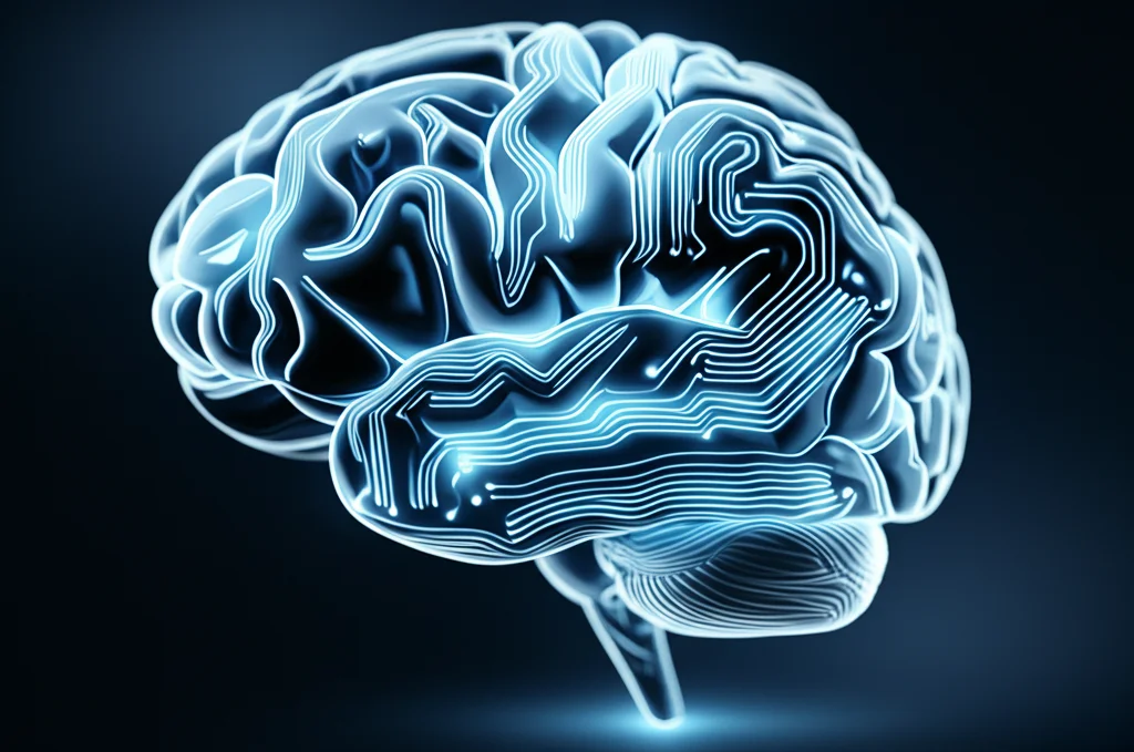 Immagine concettuale di un cervello digitale stilizzato con circuiti luminosi che si interconnettono, a simboleggiare l'intelligenza artificiale LSTM che gestisce sistemi complessi. Sfondo scuro per far risaltare i dettagli luminosi. Prime lens, 50mm, depth of field, duotone blu e argento.