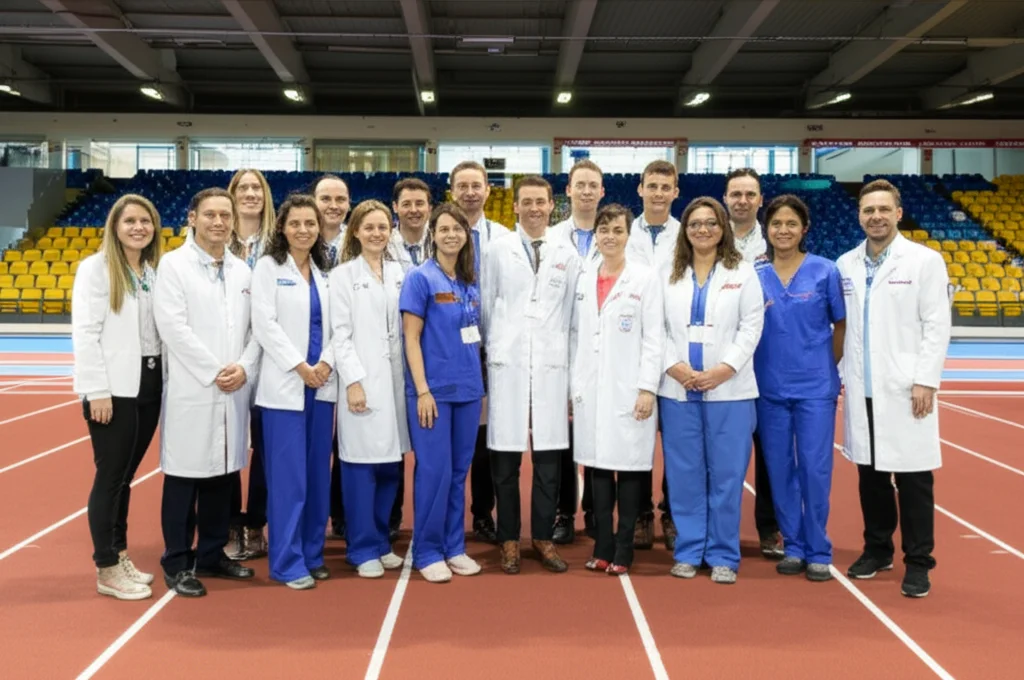 Photorealistic image of a national medical team group photo at an athletics championship venue. The team includes physicians and physiotherapists, showing a mix of genders. 24mm prime lens, depth of field, natural light, team portrait.