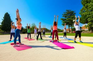 Un gruppo eterogeneo di adulti sorridenti che partecipano a una lezione di ginnastica all'aperto in un parco soleggiato. Alcuni usano tappetini, altri sono in piedi. Obiettivo grandangolare 24mm per catturare l'ampiezza della scena e l'energia del gruppo, colori saturi.