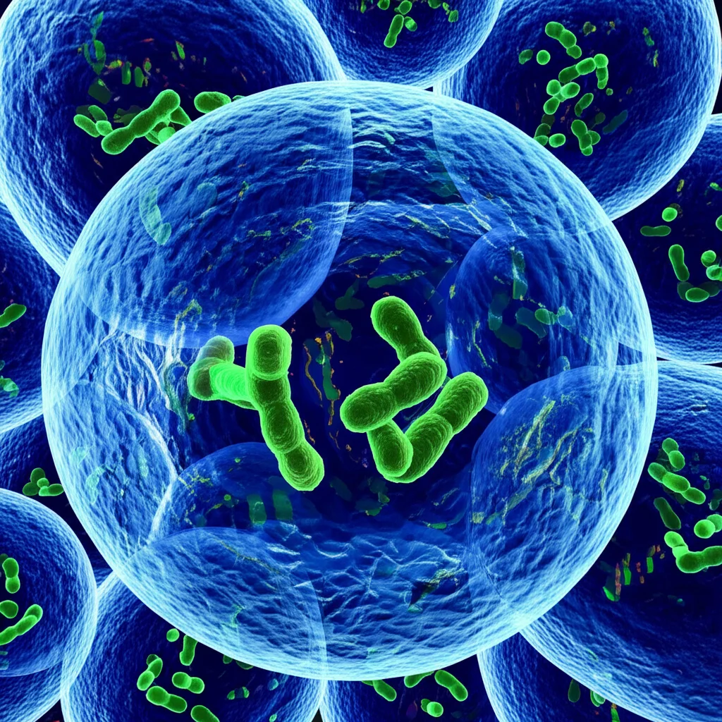 Un'illustrazione artistica e scientifica di cellule di Bacillus subtilis che producono attivamente molecole di citidina, con percorsi metabolici evidenziati in modo luminoso. Macro lens, 60mm, high detail, precise focusing, controlled lighting, colori vibranti (blu per la citidina, verde per i percorsi attivi) su sfondo scuro che simula l'interno di un bioreattore.