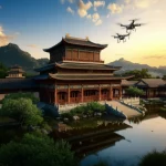 Visualizzazione fotorealistica di un antico tempio cinese immerso in un paesaggio montano al tramonto, con droni che volano intorno per la scansione 3D. La scena mostra dettagli architettonici complessi e texture lignee. Obiettivo grandangolare 20mm, lunga esposizione per nuvole setose e acqua calma in un laghetto vicino, alta definizione.
