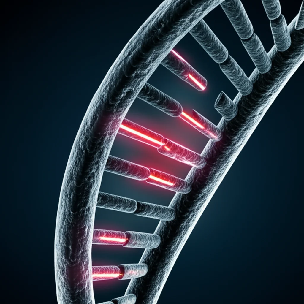 Illustrazione 3D di una doppia elica di DNA con specifiche sezioni evidenziate in rosso a simboleggiare mutazioni germinali, su sfondo scuro per enfatizzare i dettagli genetici, illuminazione precisa, alta definizione, obiettivo macro 60mm.